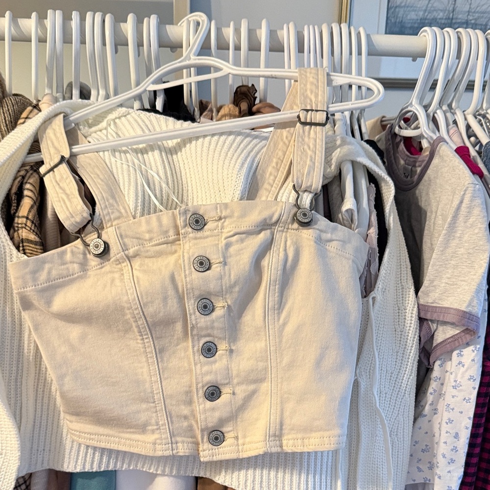 Beige Denim Button-Up Crop Top